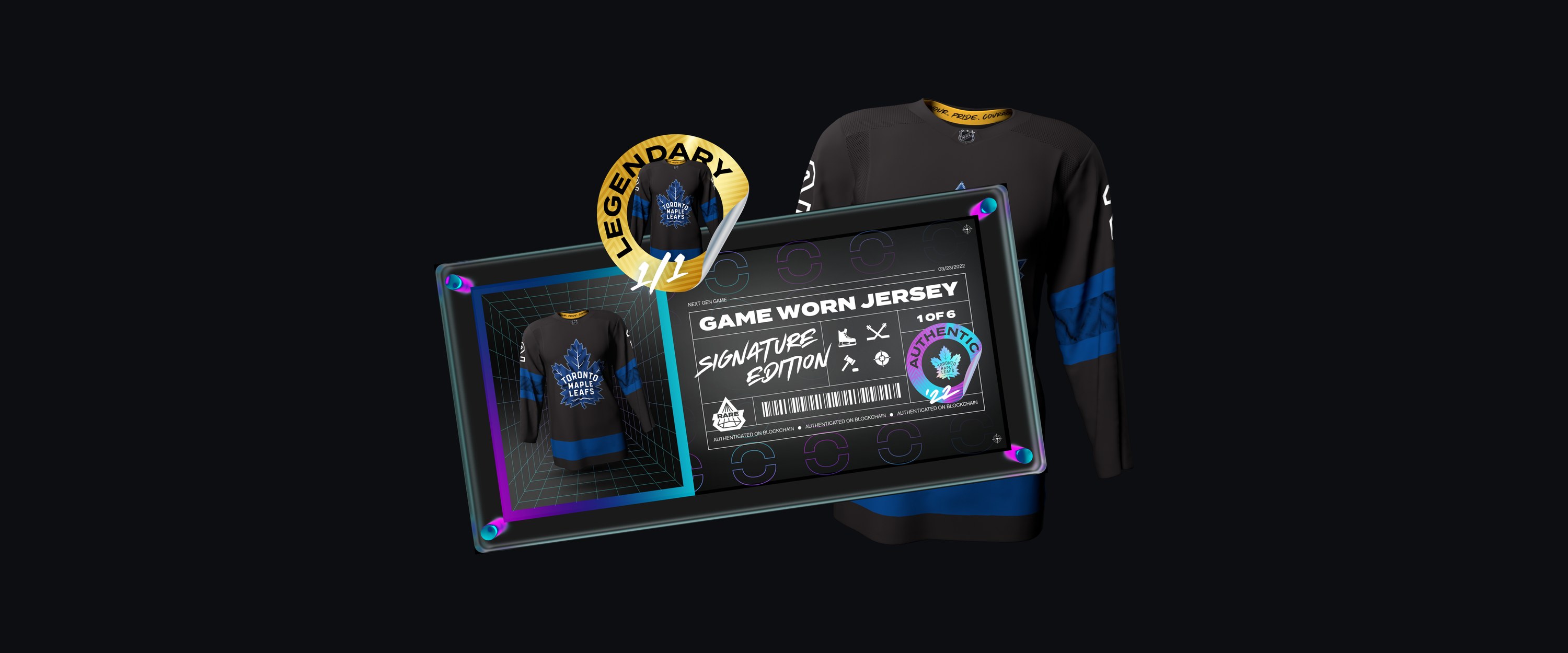 A Dropshop game-worn Toronto Maple Leafs jersey collectible: the physical jersey, a framed digital twin, a Legendary 1/1 badge and a Signature Edition certificate authenticated on blockchain